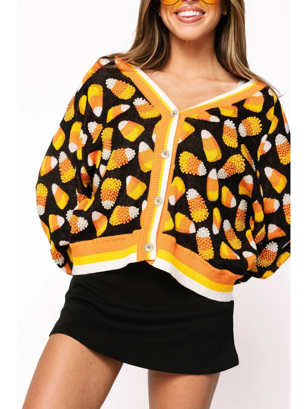 QUEEN OF SPARKLES BLACK PEARL CANDY CORN SEQUIN BEADED CARDIGAN SWEATER LRG